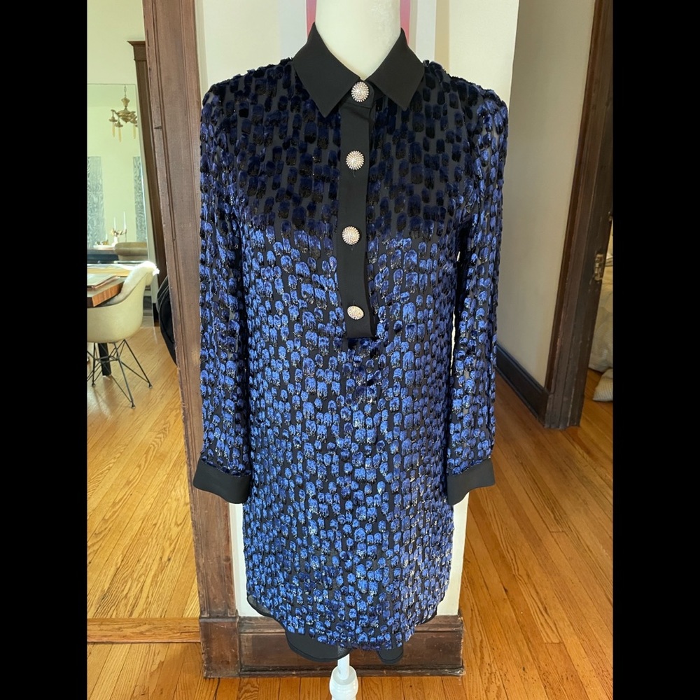 Michael Kors navy blue velvet chic dress rhinestone ball buttons formal lined